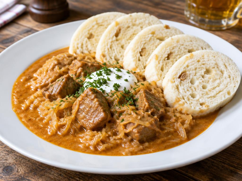 Segedínský gulášek, houskový knedlík